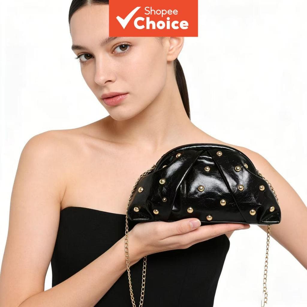Bolsa de mão feminina com pregas de tachas, bolsa de bolinho moderna com tachas, bolsa tiracolo com corrente removível,
