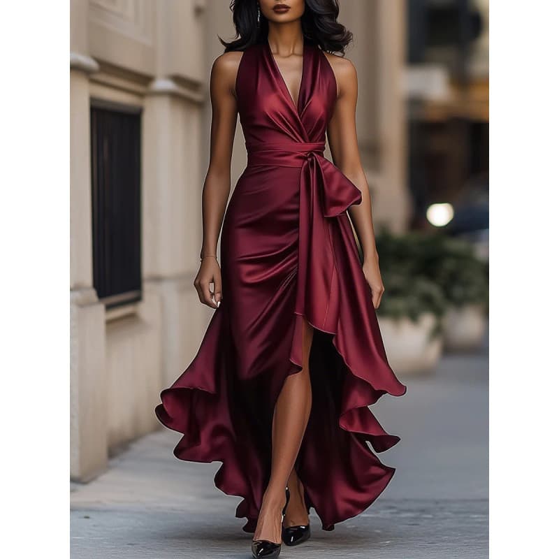 Pronto estoque Envio rápido Vestido de cetim com decote em V, sem mangas, cintura estreita, babados, temperamento