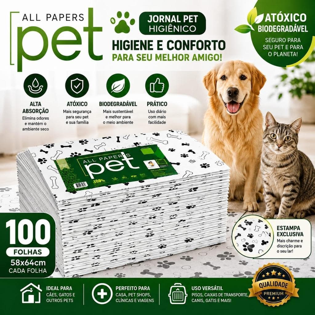 Jornal Pet Tapete Higiênico Atóxico Biodegradável 100 Folhas