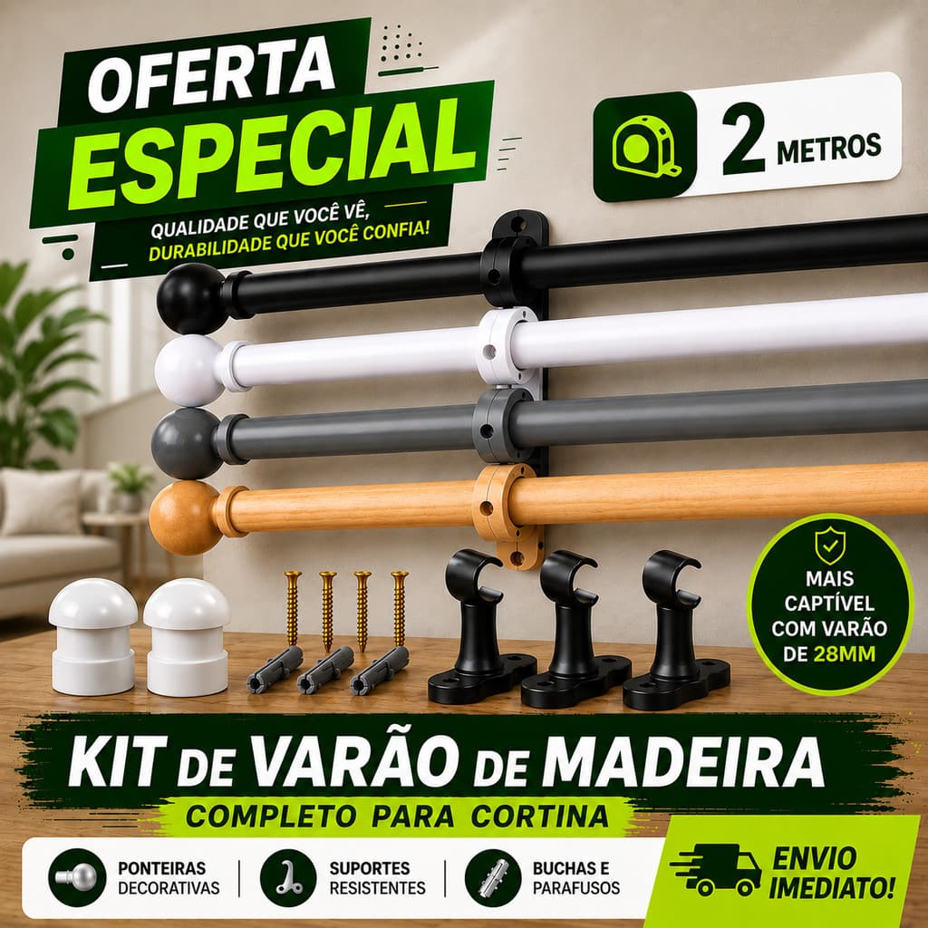 Varão Para Cortina em madeira 2,00 mts 19mm com todo kit para instalção madeira ecologioca