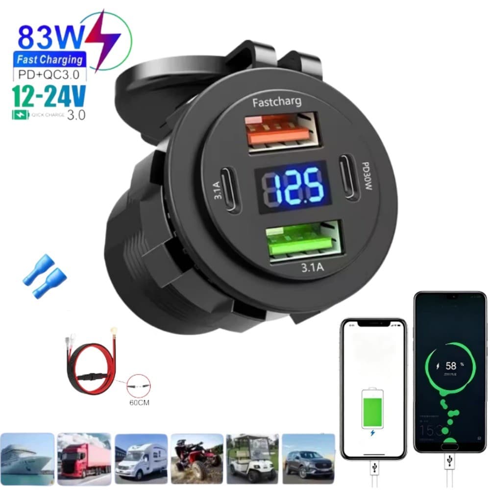 83W Motocicleta Carregador De Carro Tomada PD30W Carregamento Rápido 22.5W Duplo USB Tipo C Adaptador Energia Do Telefon