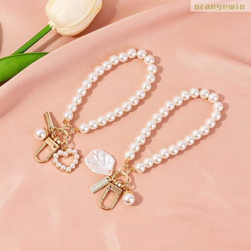 Chaveiro com Pulseira de Pérolas - Pingente de Concha para Decoração de Bolsa ou Telefone