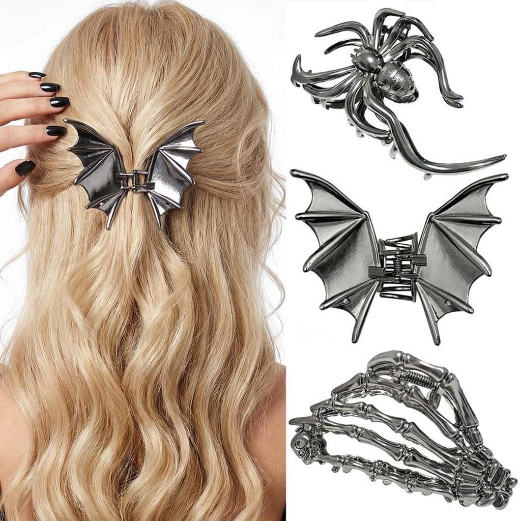 CAKURE Gothic Hair Claw Clips Metal Spider, Bat Wing & Skeleton Hand Hair Clips for Women, Punk Halloween Hair Accessori