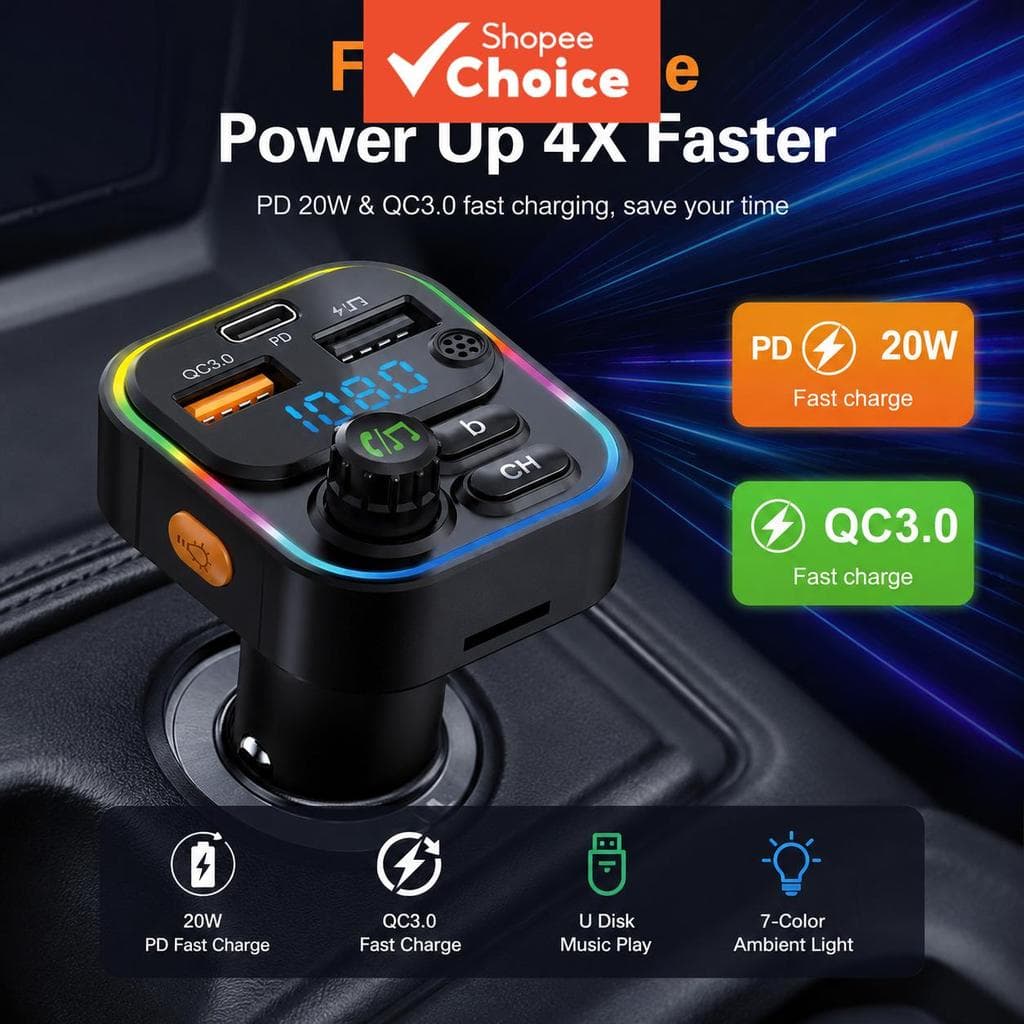 Transmissor Bluetooth 5.0 para Carro com Luz Ambiente, Carregamento Rápido Duplo PD Tipo-C, Chamada com Mãos Livres e