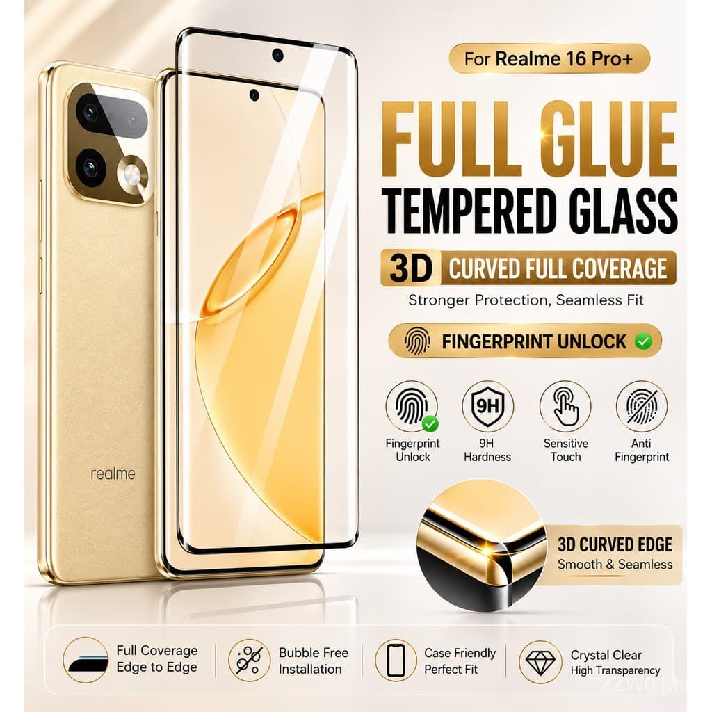 Película de Vidro Temperado com Cola Total para Realme 15 14 13 12 11 10 Pro Plus GT 7 Pro 5G com Desbloqueio por Impres