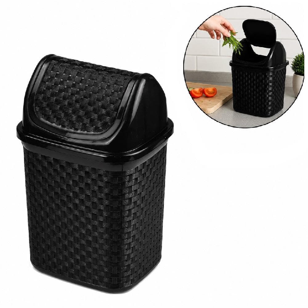 LIXEIRA RATTAN LUXO PRETA COM TAMPA BASCULANTE 45L CESTO MULTIUSO PARA PIA CHAO BANHEIRO QUARTO LAVABO