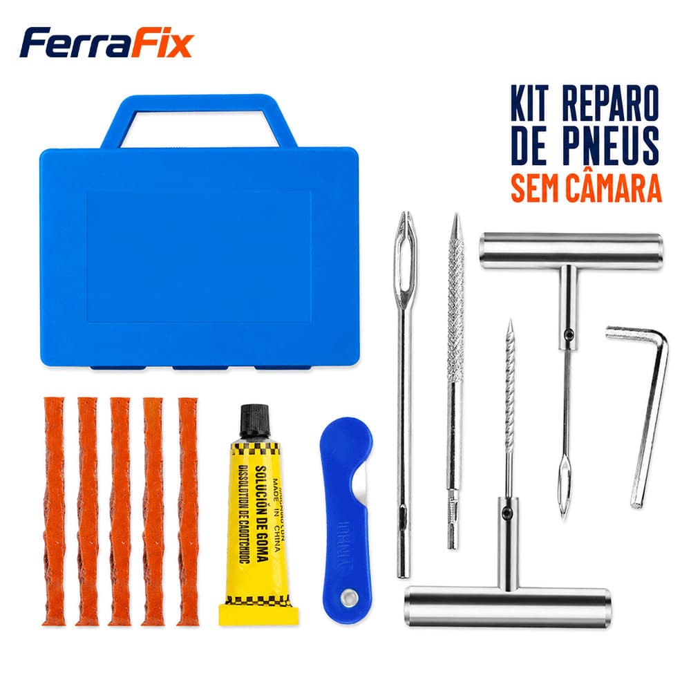 Kit Reparo Pneu Sem Câmara 12 Peças com Maleta, Ferramentas Metálicas e Macarrão para Carro e Moto