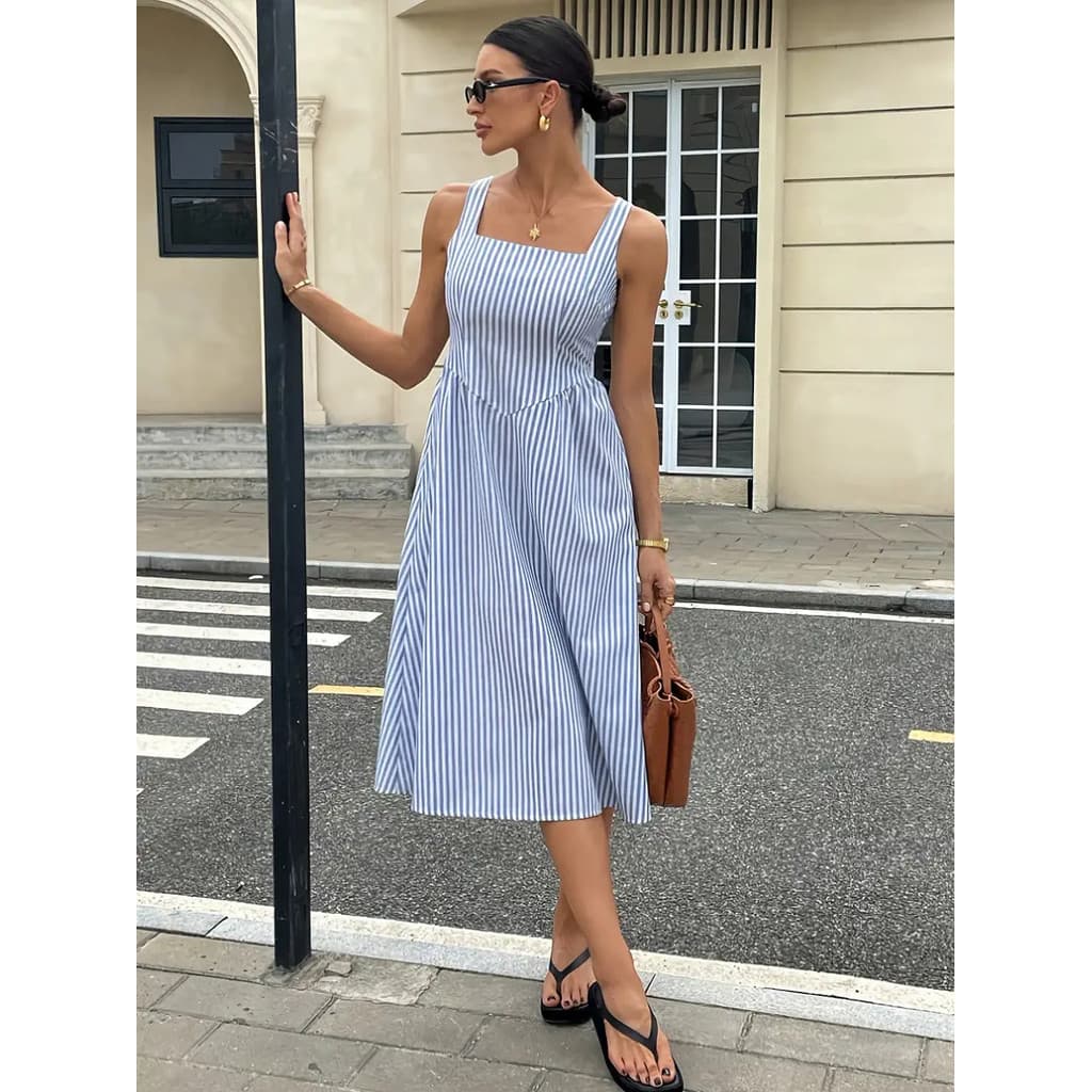Pronto estoque Verão europeu americano Cross-Border comércio exterior roupas femininas elegante simples pescoço quadrado