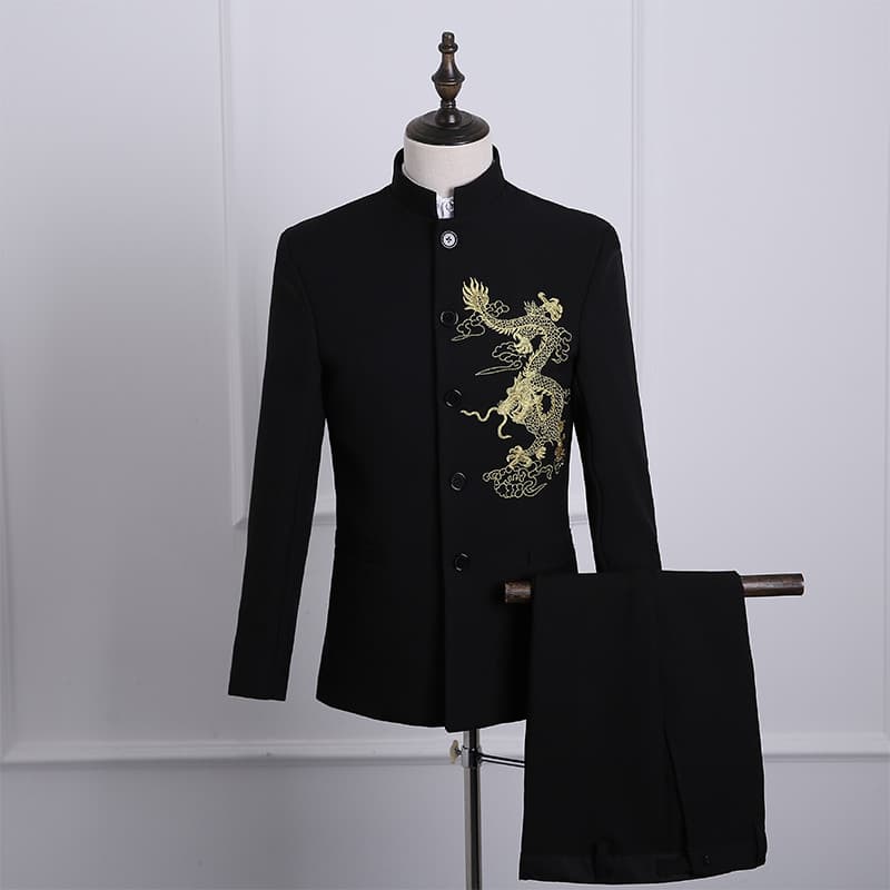 Novo estilo bordado gola alta Zhongshan traje desempenho traje palco masculino coro desempenho traje anfitrião