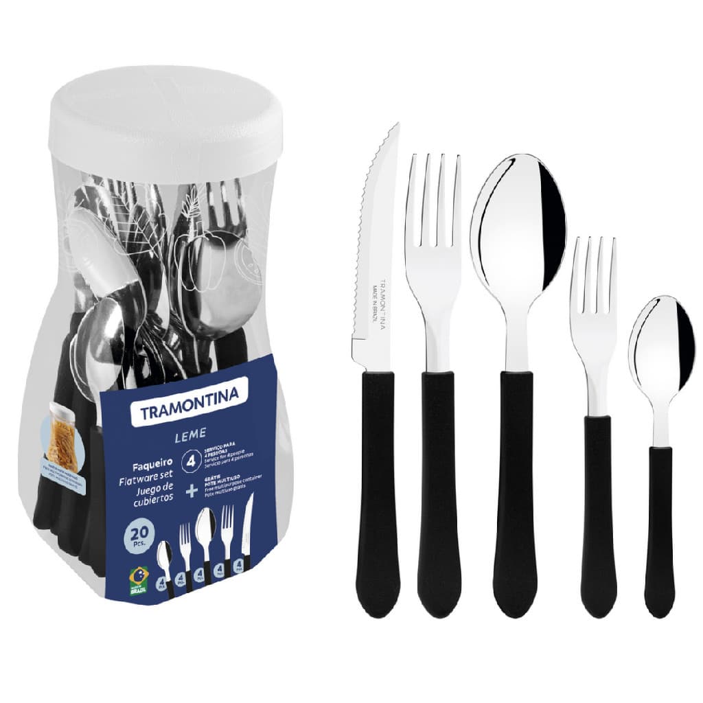 Faqueiro Tramontina Leme 20 Peças Preto Aço Inox Cozinha