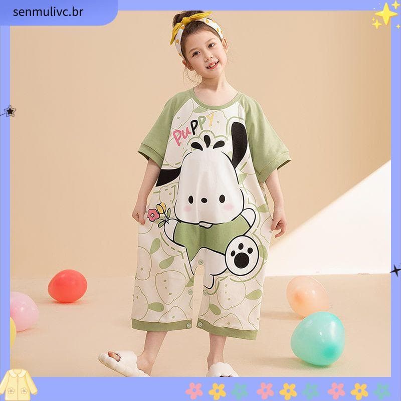 Crianças pijamas de uma peça verão estilo fino puro algodão de manga curta meninas médio grande roupas de casa das crian