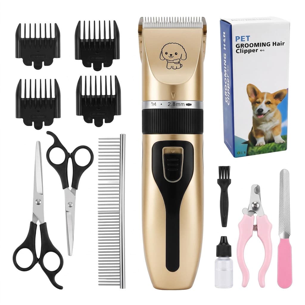 Máquina de tosa pet recarregável para cães e gatos, kit completo com tesouras, pentes‑guia e acessórios