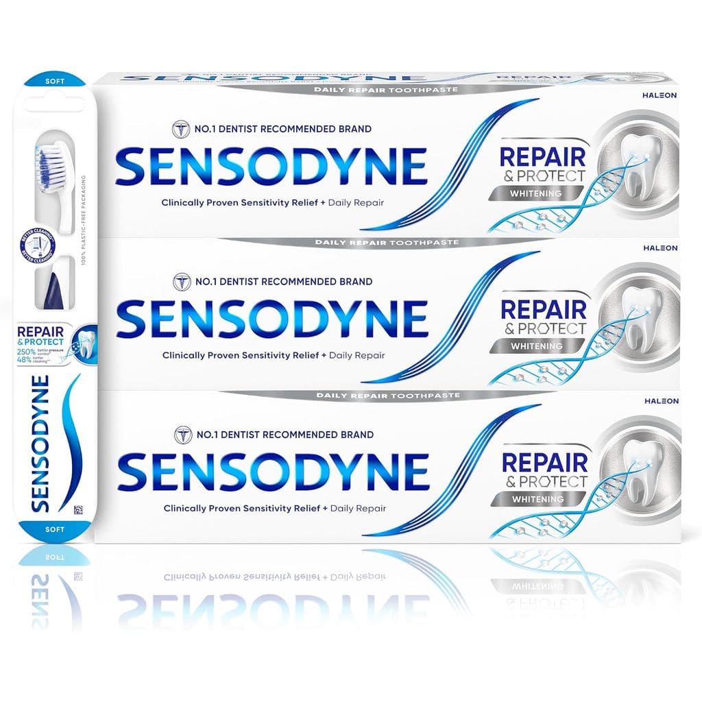 Pasta de Dente Sensodyne Repara e Protege, Pasta de Dente Clareadora Multipack com Escova de Dente Sensodyne, 3 x 75ml