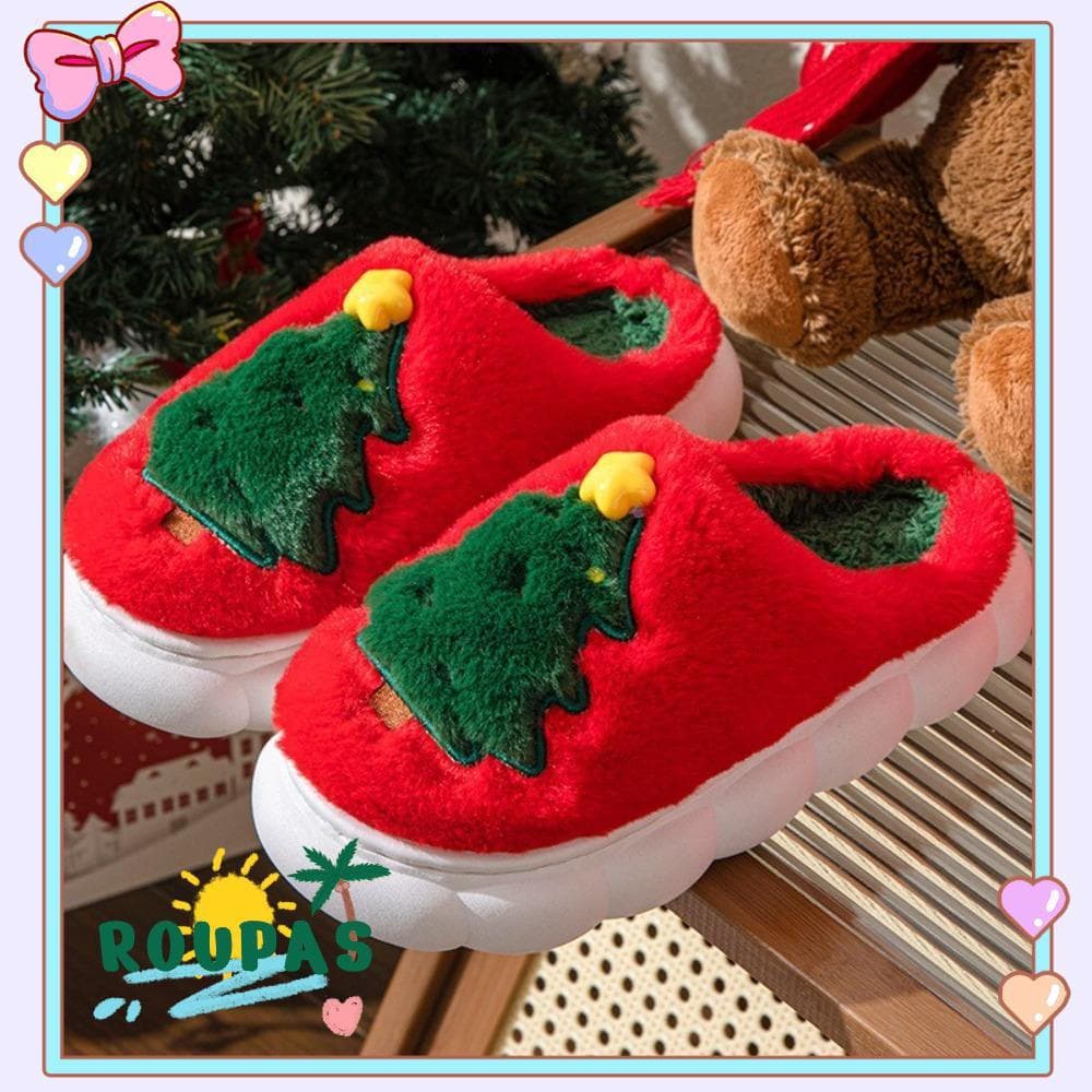 Chinelos Fofos ROUPAS , Sapatos Quentes De Inverno Com Padrão De Árvore De Natal , Sapatilhas De Casa Para Decoração De