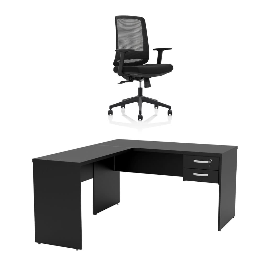 Mesa De Escritório em L 140x60cm Com Gaveta + Cadeira Ergonômica Reclinável