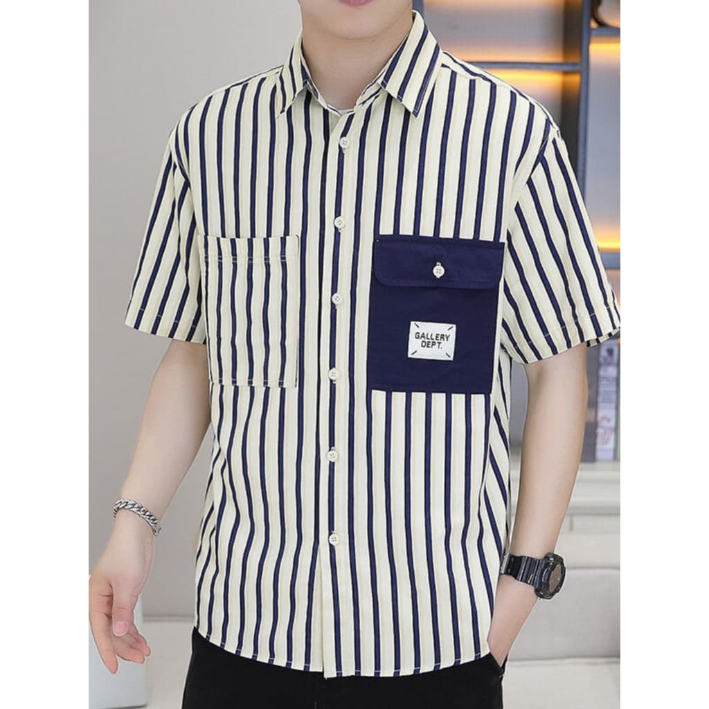 Camisa listrada masculina primavera verão rufião bonito macacão topo 2025 novo estilo Street Wear meia manga camisa esti