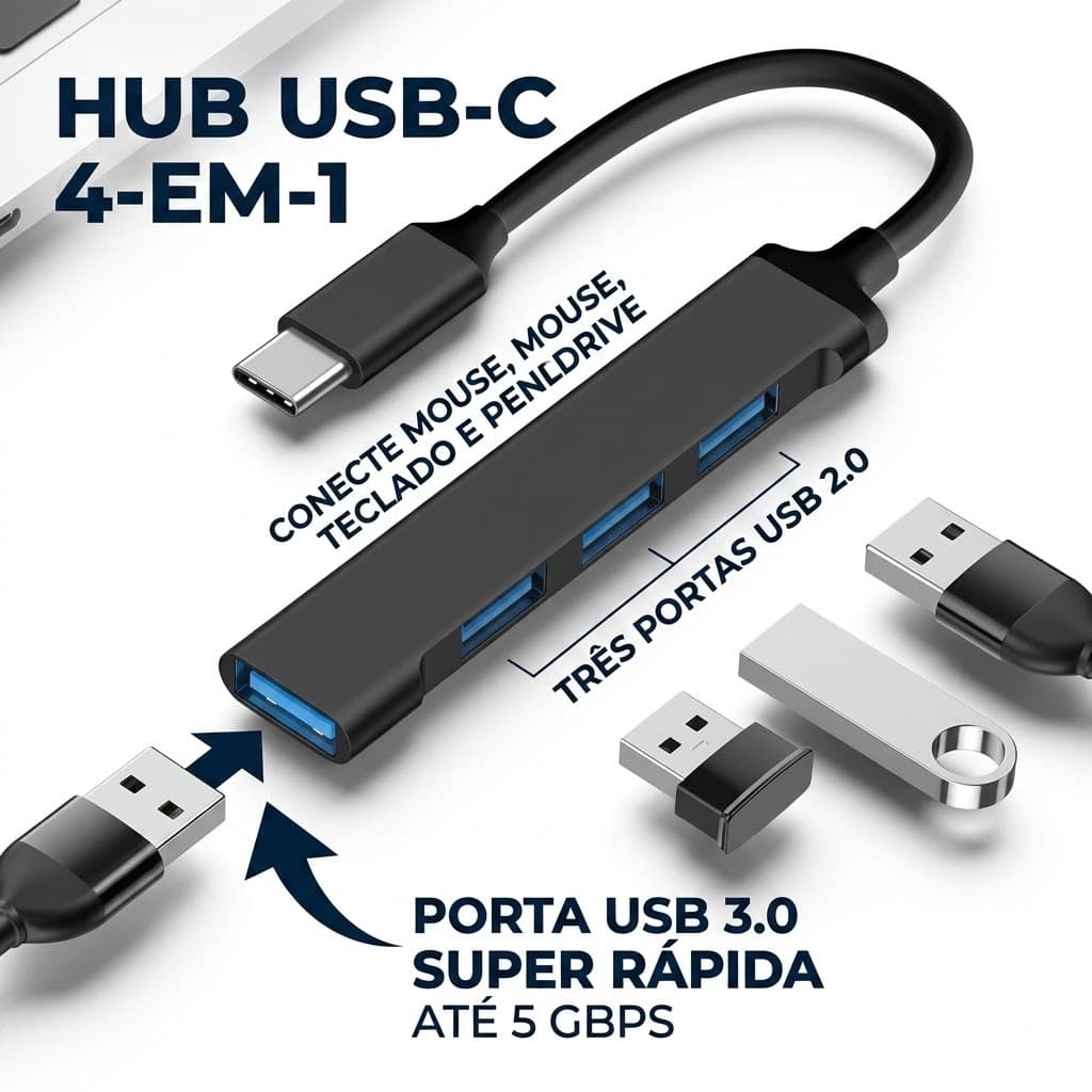 Hub USB C 4 Portas USB 3.0 2.0 Adaptador Tipo C para Notebook PC Celular OTG