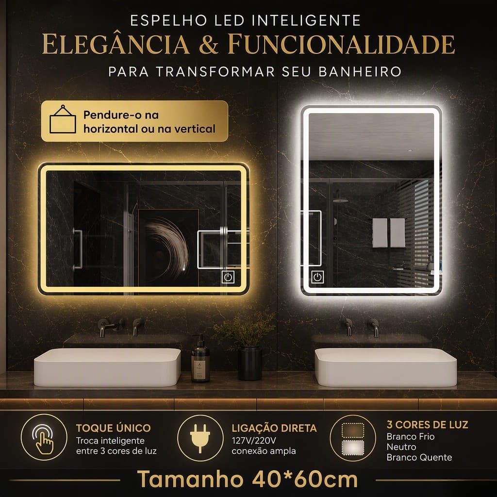 Espelho Com LED Touch Retangular Bivolt, 3 Tons De Luz, Para Banheiro Montar Horizontal Ou Vertical