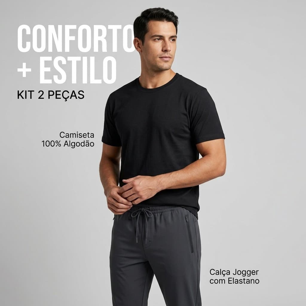 Conjunto Masculino Camiseta 100% Algodão + Calça Jogger Elastano Kit 2 Peças Casual Academia Premium