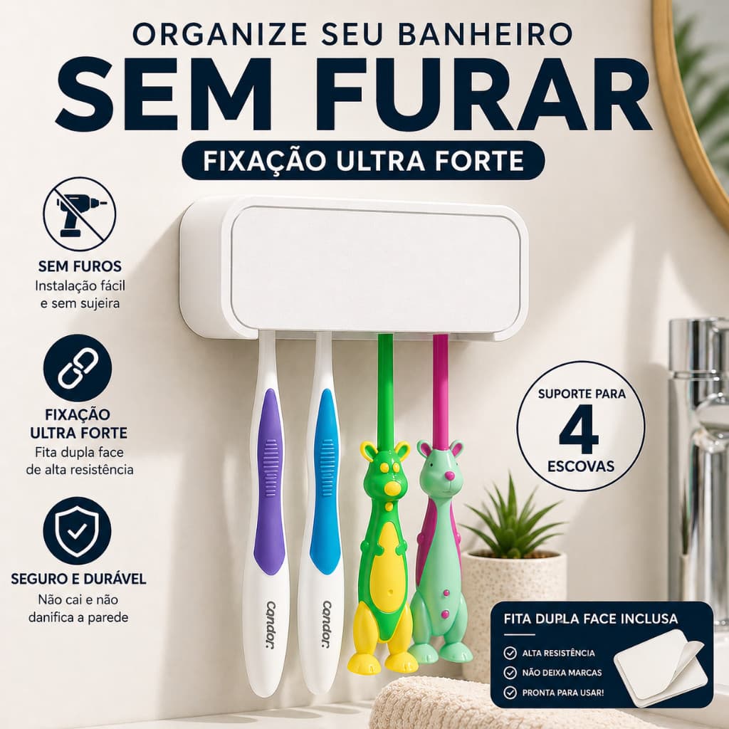 Porta Escovas de Dente Parede Suporte Para 4 Escovas – Fixação Sem Furo Fita Dupla Face Forte