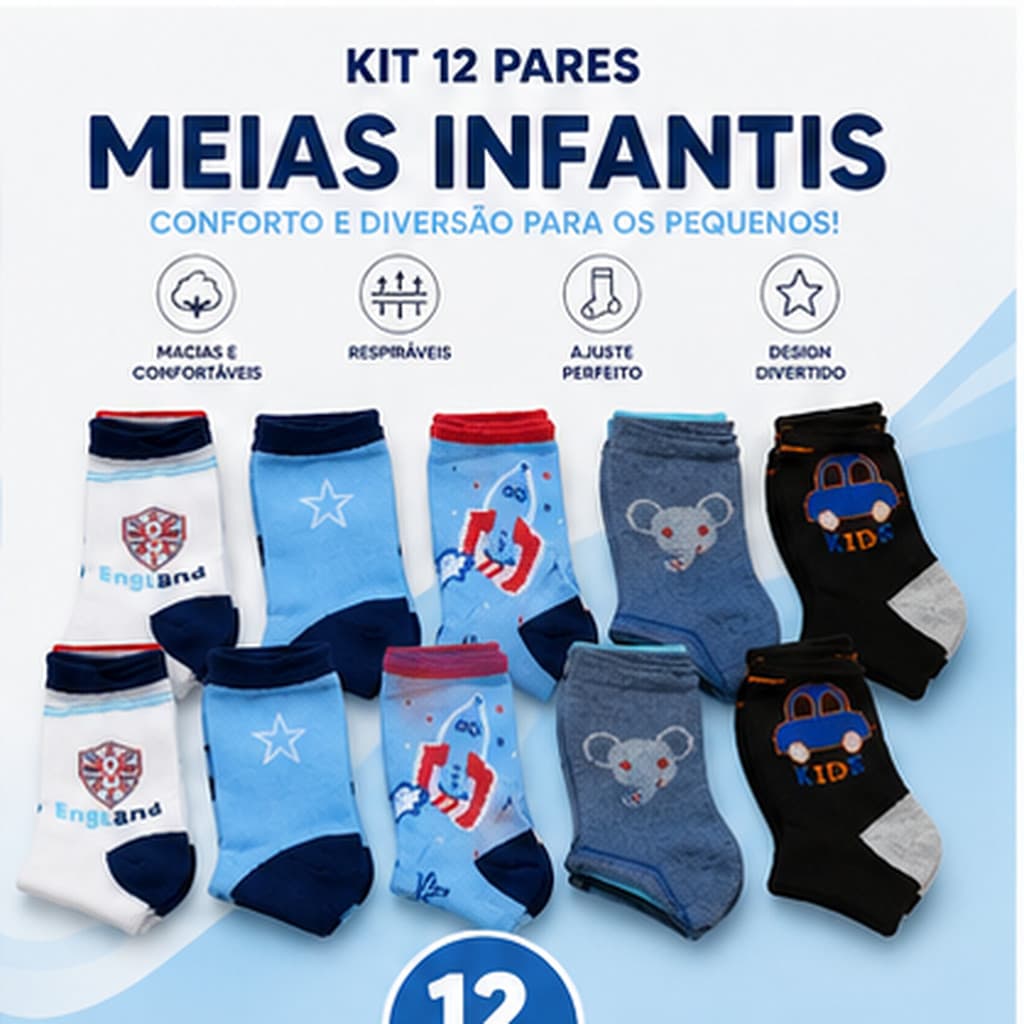 Meia Infantil Menino Kit 3 6 12 Pares Cano Médio Algodão Estampada Criança Escolar Confortável 2 a 10 Anos