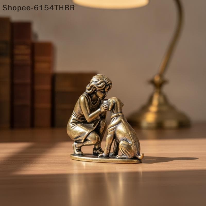 [RG] Estatueta Criativa Retrô De Latão Para Meninas E Cachorro , Mini Ornamento De Mesa , Decoração Artística Sala De Es