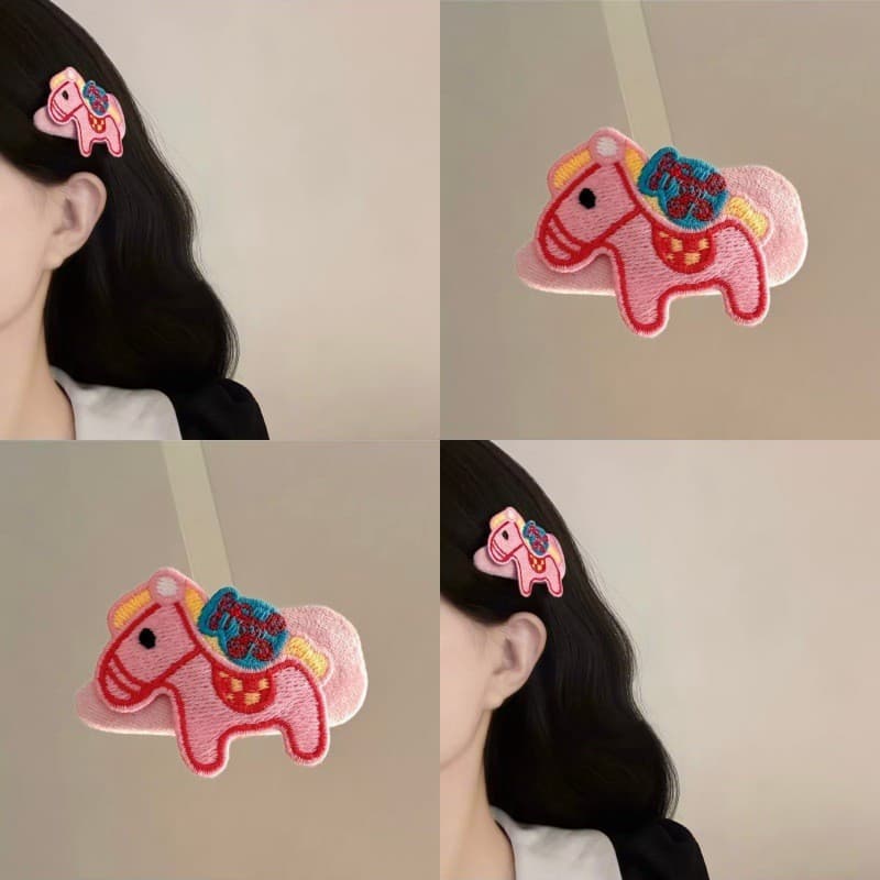 Ano do cavalo pônei fofo tecido bordado rosa grampo de cabelo quebrado franja clipe grampo de cabelo lateral