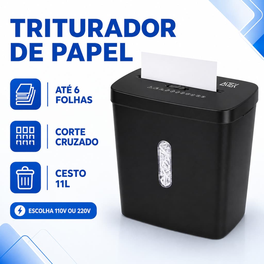 Triturador Fragmentadora de Papel A4 6 Folhas Corte Cruzado Cesto 11L Automático com Reverso para Escritório
