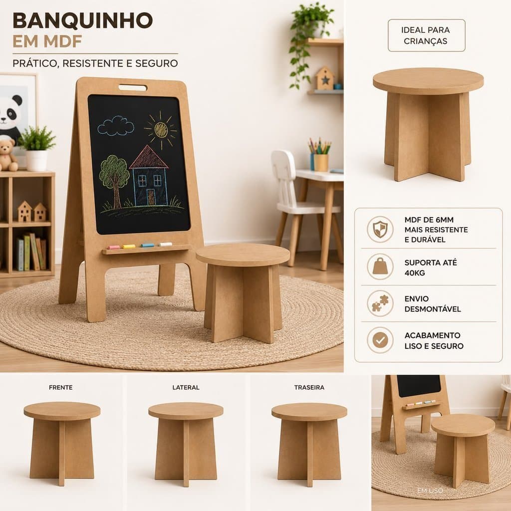 Lousa Cavalete Infantil + Banquinho de Madeira – Quadro para Desenho e Aprendizado