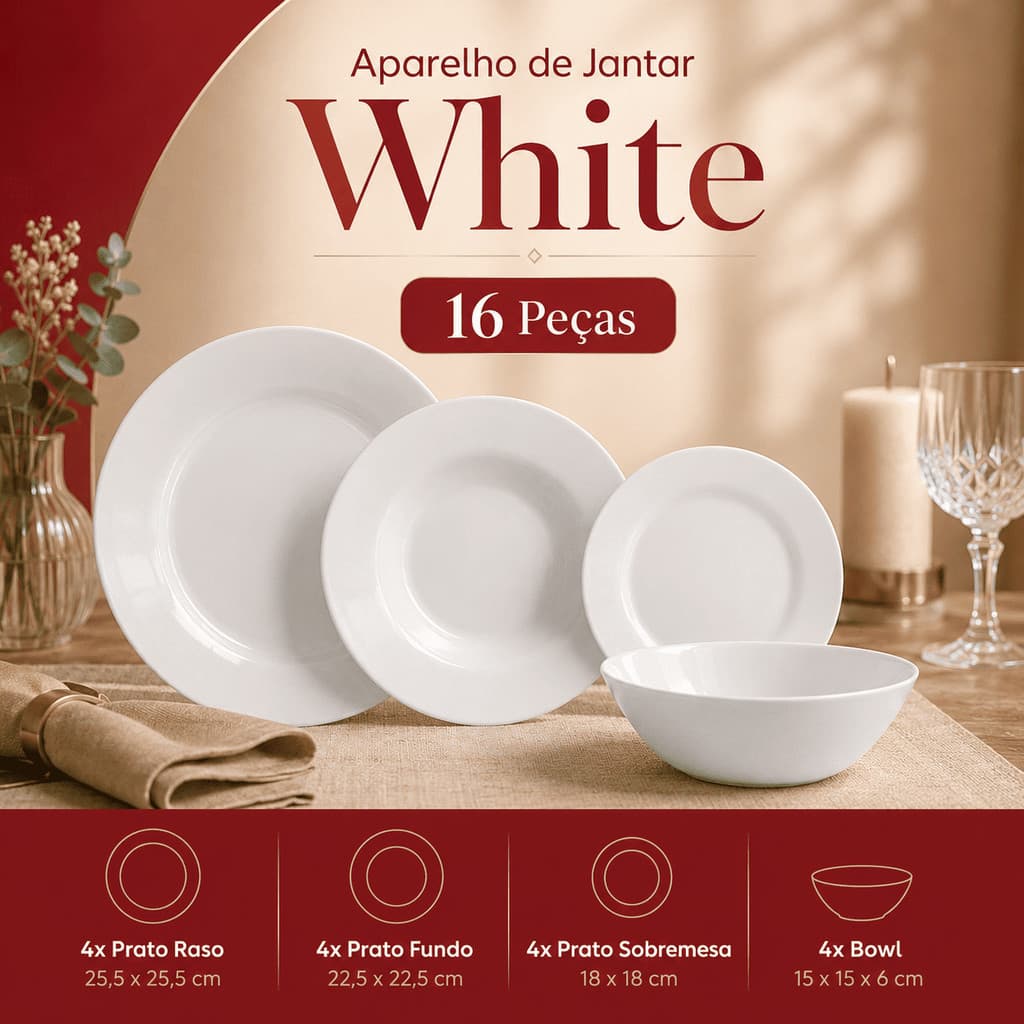 Aparelho de Jantar 16 Peças Branco 4 Pessoas com Pratos Fundos Rasos Sobremesa e Bowls Completo