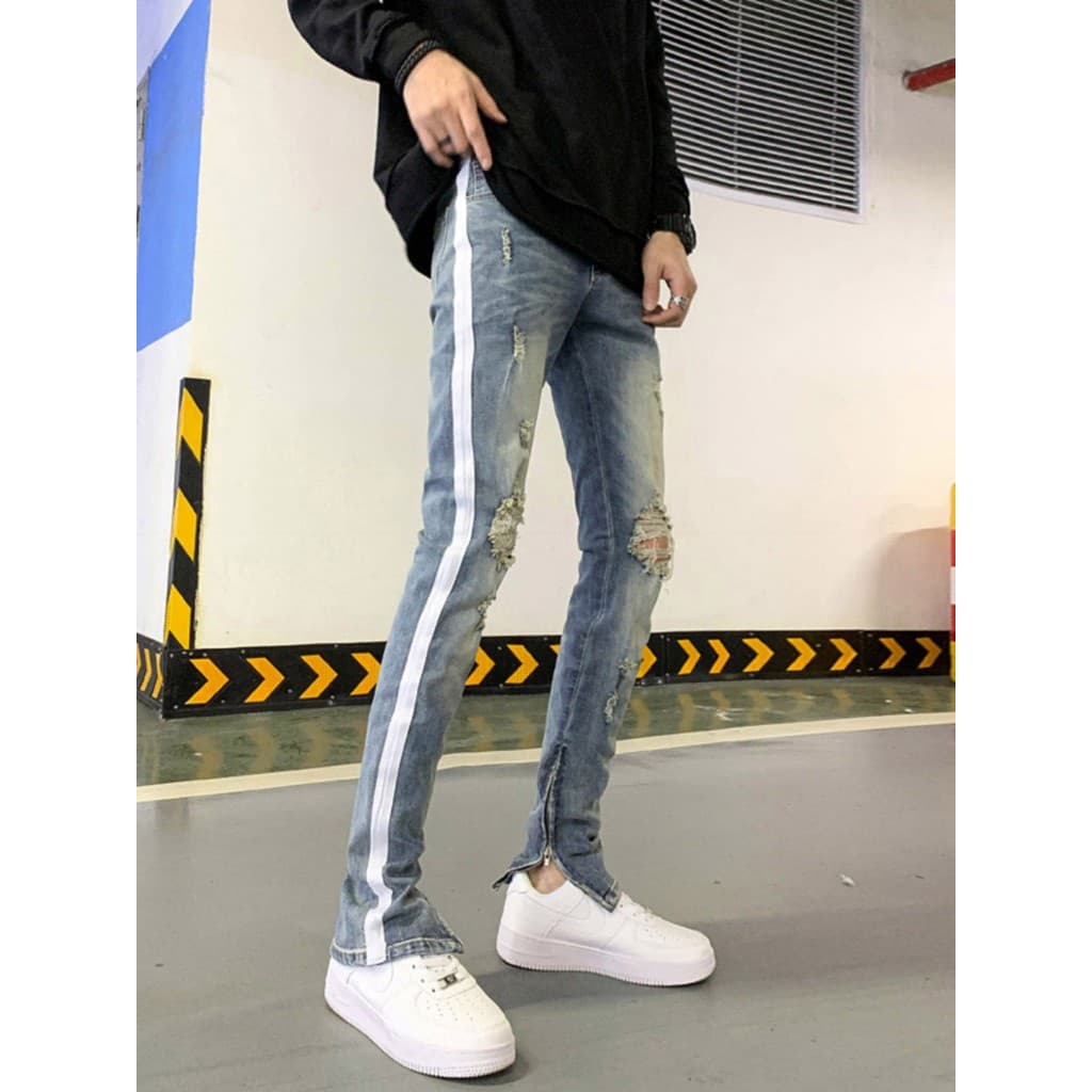 Calças de brim rasgadas masculinas High Street preto magro-ajuste calças magras calças masculinas com zíper Casual Retro
