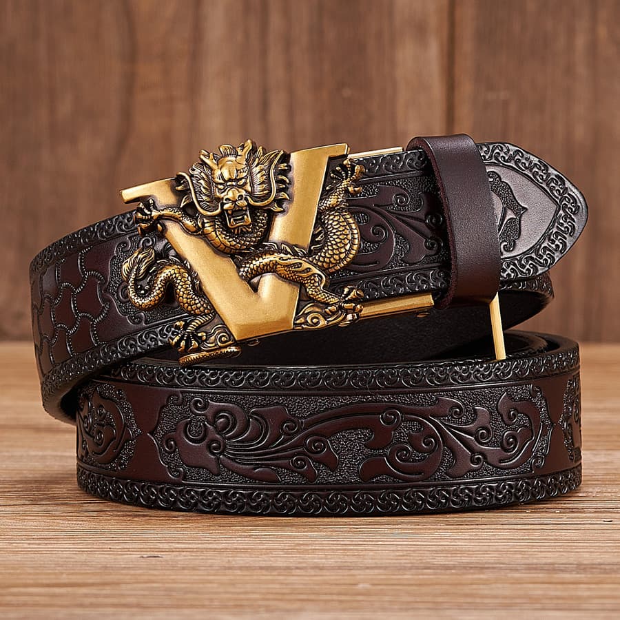 Cinto masculino V-Dragon com fivela automática de duas camadas em relevo estilo étnico exclusivo Tang Gr