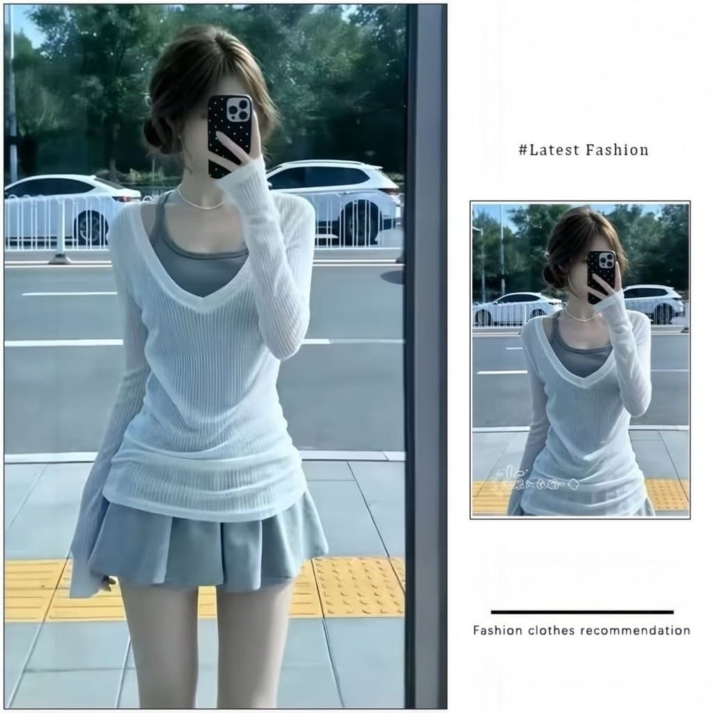 G ootd bonito usar um conjunto inteiro 2026 blusa feminina de manga comprida com decote em v saia protetor solar conjunt