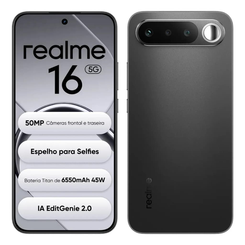 Smartphone realme 16 5G 256GB 12GB RAM 7000mAh 60W AMOLED 120Hz 50MP NFC IP68/IP69K Novo