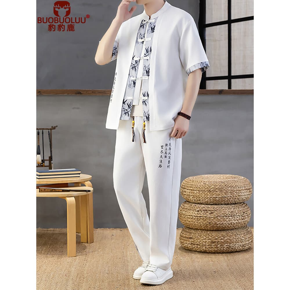 Terno masculino verão estilo chinês gelo seda de manga curta Hanfu Cardigan Casual Tang terno Retro estilo chinês terno