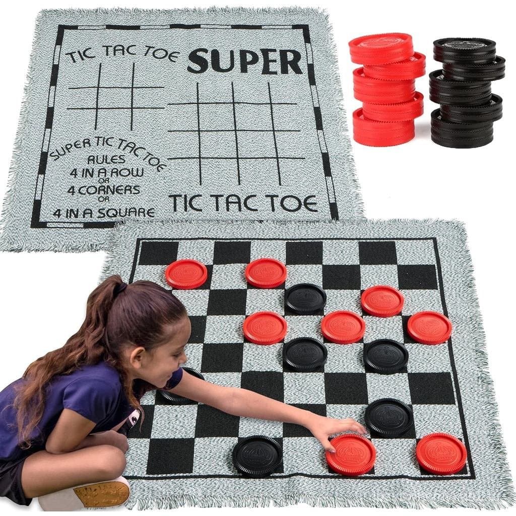 Jogo de Damas Gigante Vintage 3 em 1, Tic-Tac-Toe, com Tapete Reversível, 24 Peças, Jogo de Tabuleiro Familiar, Jogo par