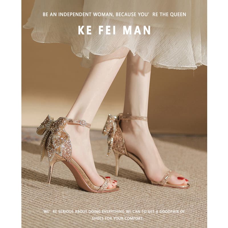 [Coffeyman] Sandálias femininas de salto alto com laço e cristal de verão, sapatos de salto alto champanhe, sapatos de c