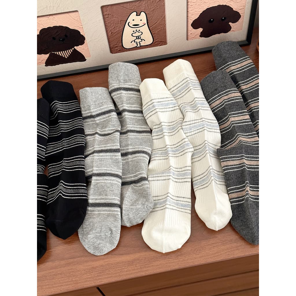 Puro algodão desossado meias femininas primavera outono ins na moda listras meados de tubo pilha meias estilo japonês co