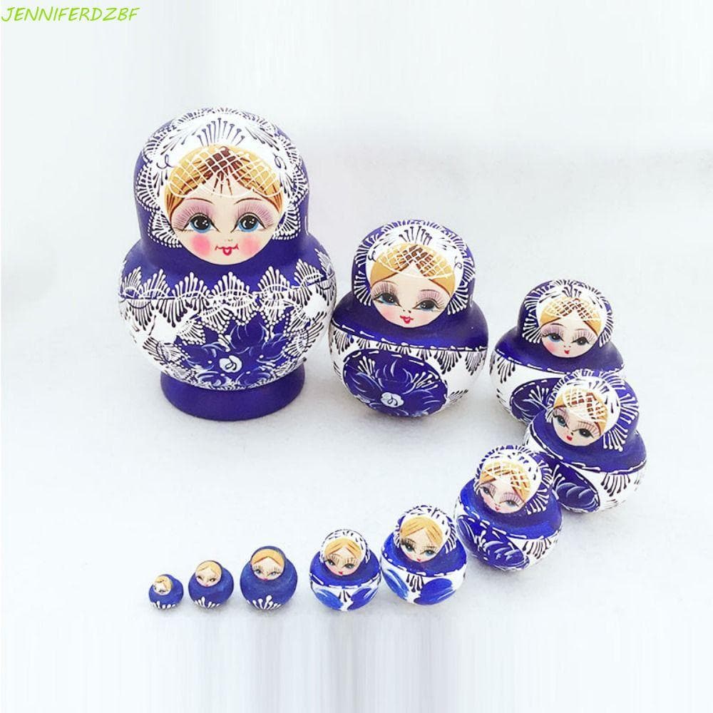 10 Pçs/Set Bonecas Russas , Brinquedos De Boneca Matryoshka Com Estampa Floral Azul , De Empilhamento Artesanais