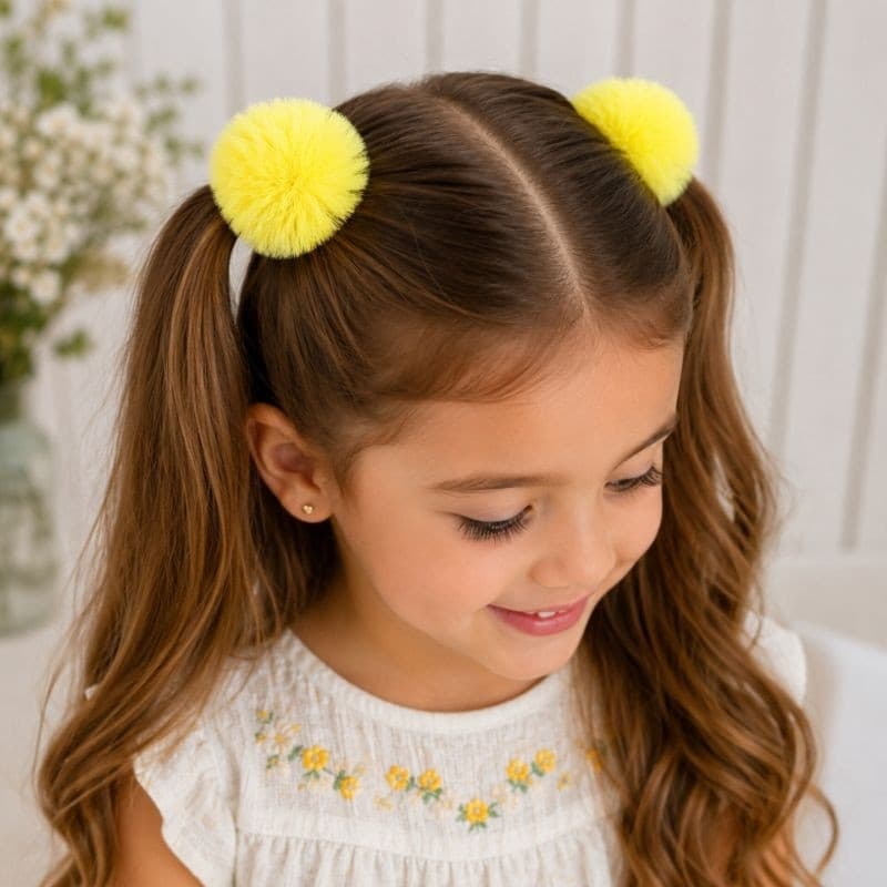 Xuxinha Infantil Pompom, Lilás, Amarelo Neon, Off-White, Rosa Neon e Branco Pelúcia Macia Elástico de Cabelo
