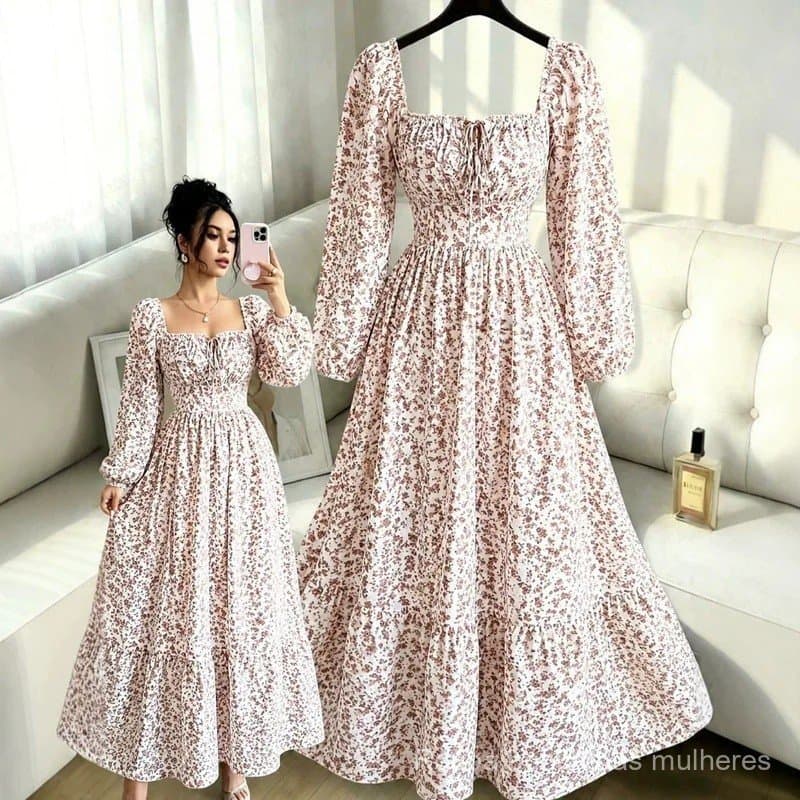Vestido Mini Feminino Rosa Floral com Decote Quadrado, Mangas Bufantes, Cintura Franzida, Estilo A-Line, Boho Francês Re