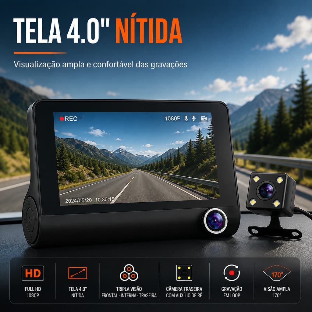 Camera Veicular 3 Câmeras com WiFi Conectividade Smartphone Tela HD 4 Pol