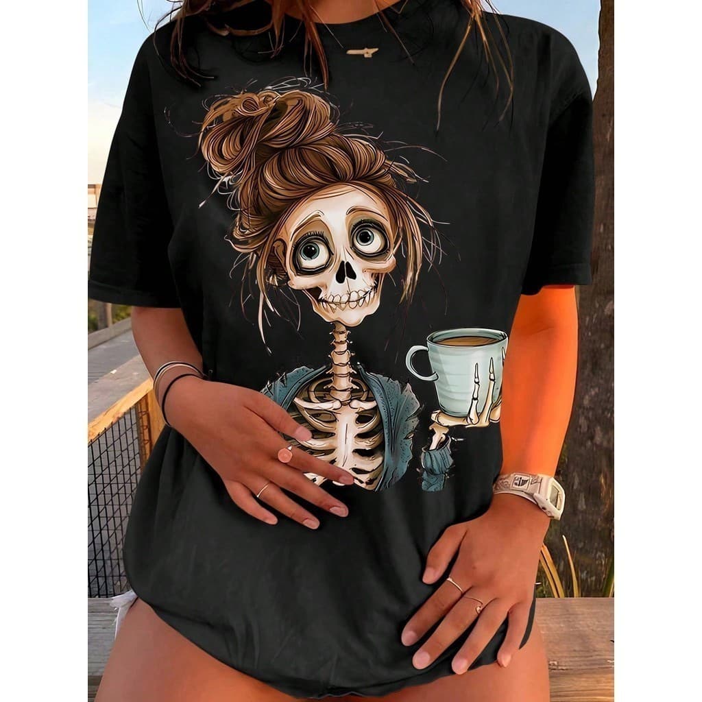 Camiseta Feminina 100% Algodão Fio 30.1 Lançamento Estampa de Caveira Mulher Verão