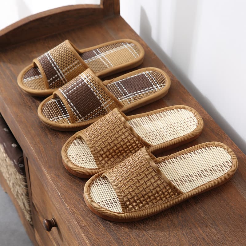 Verão casa tapete de bambu de sola grossa Rattan grama superfície sandálias chinelos masculino interior ao ar livre anti