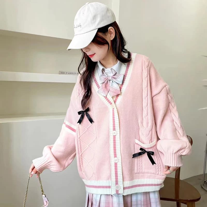 Rosa Doce Feminino Cardigan Coreano Arco De Malha Manga Longa Camisola Feminina Jk Estilo Preppy Novo Kawaii V Pescoço S