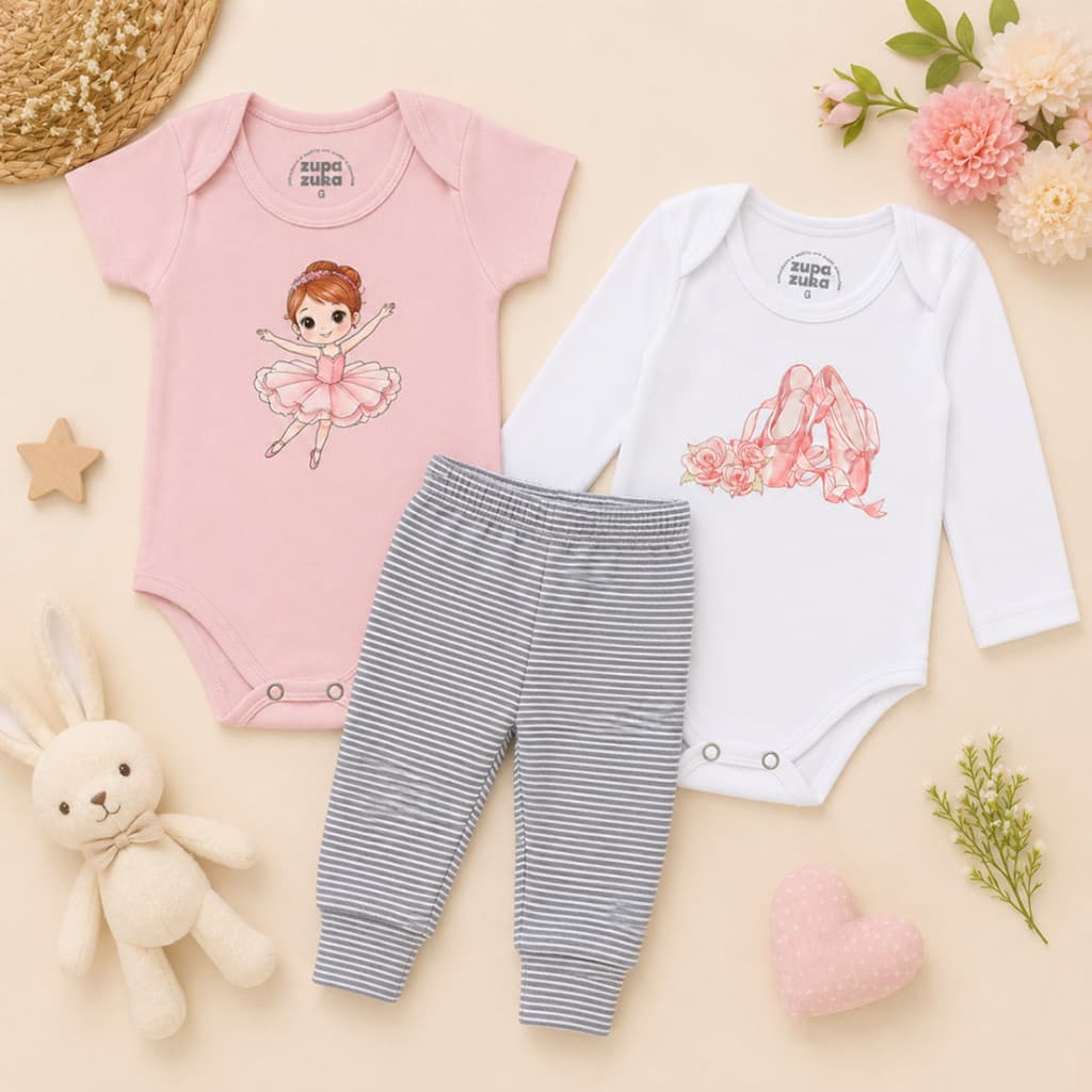 Kit Body Bebê 3 peças Bailarina, Body Manga Longa, Body Manga Curta e Calça Roupas de Bebê Conjunto de Bebê Balé