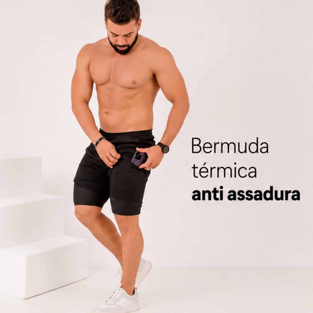 Kit 2 Short 2 Em 1 Masculino Bolso Interno Celular Compressão Bermuda Dry Fit Treino Corrida Fitness Preto / Marinho