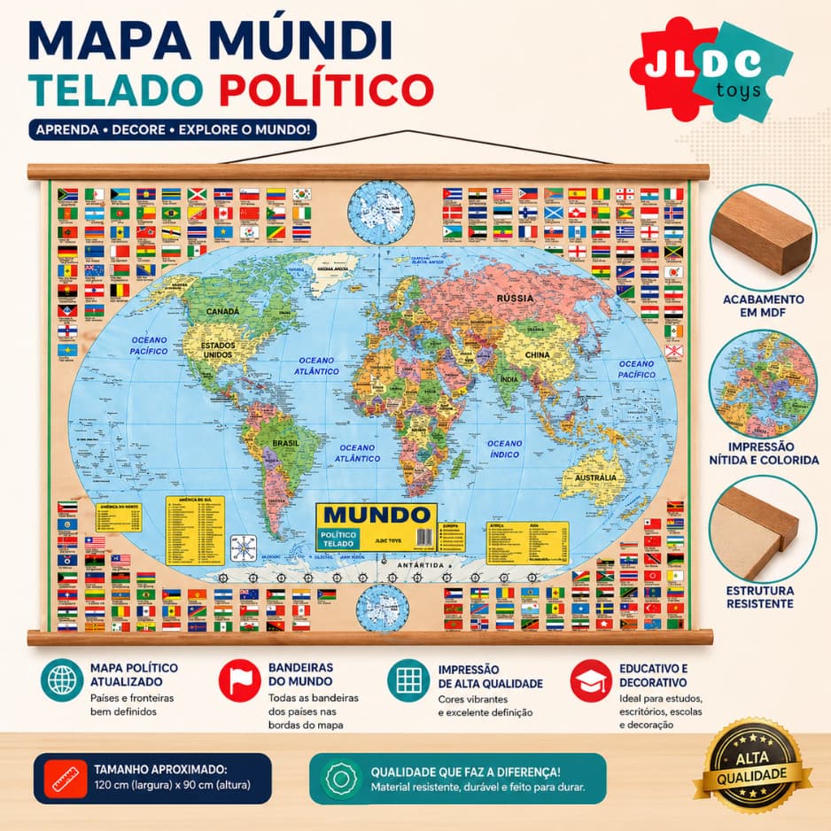 Mapa Mundi 120x90 Banner Moldura Banner Poster Politico Escolar Planeta