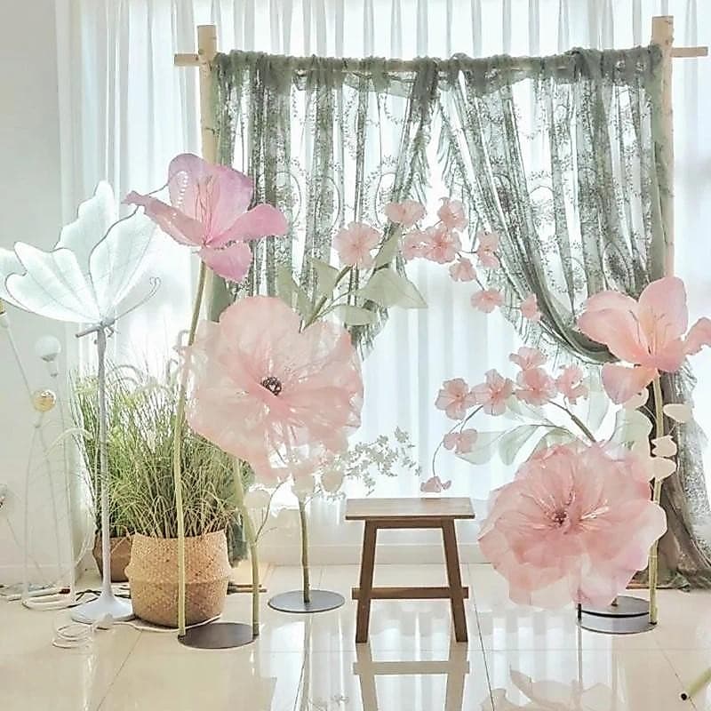Flor Artificial Gigante de Gaze 70/60/50cm, Flor de Papoula e Borboleta, Decoração de Casamento, Decoração de Festa de A