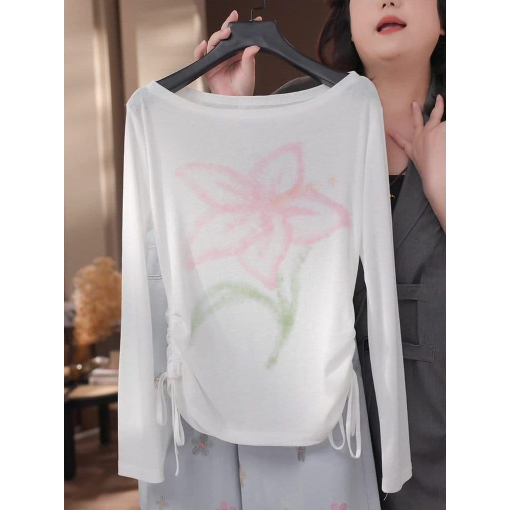 Estilo preguiçoso flor impressão de manga comprida camiseta feminina verão branco estilo fino solto All-Match protetor s